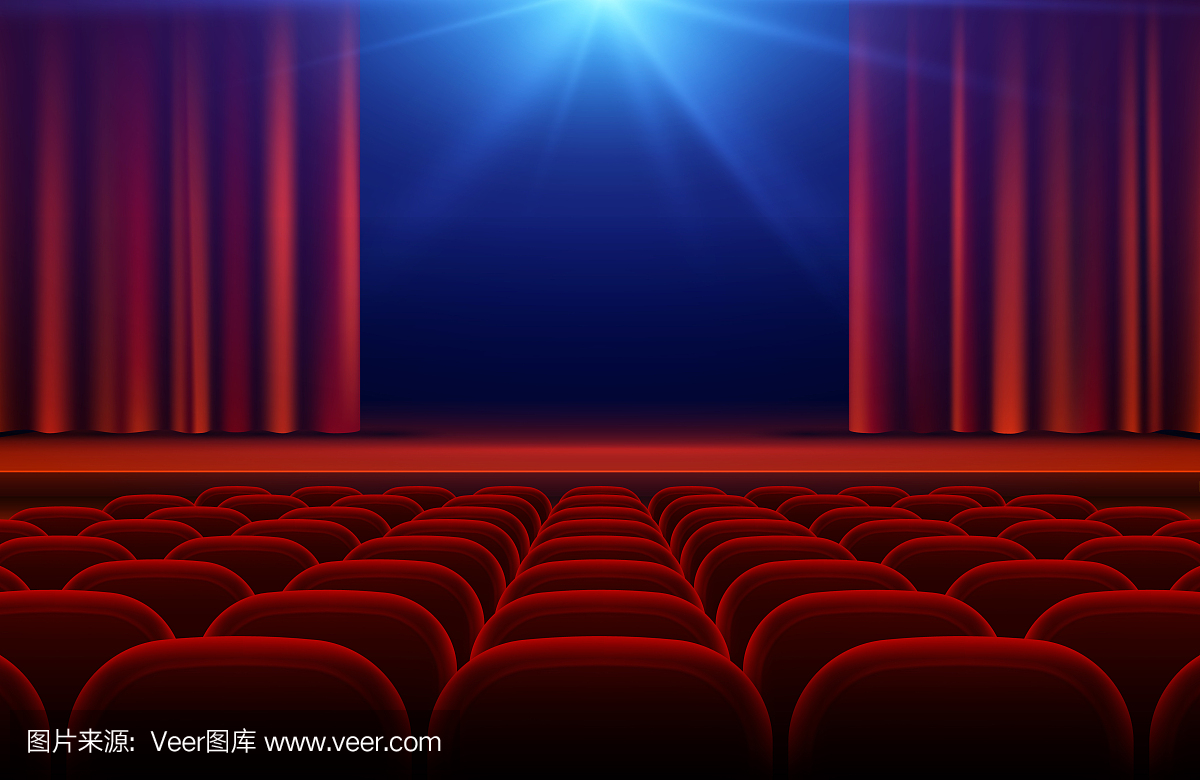 电影院或剧院大厅与舞台,红色窗帘和座椅矢量插图